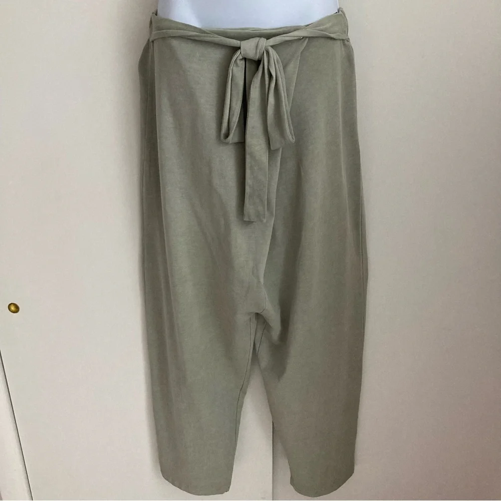 Zara Green Tie Waist Draped Drop Crotch 100% Cotton Harem Style Pants, NWT Sz M